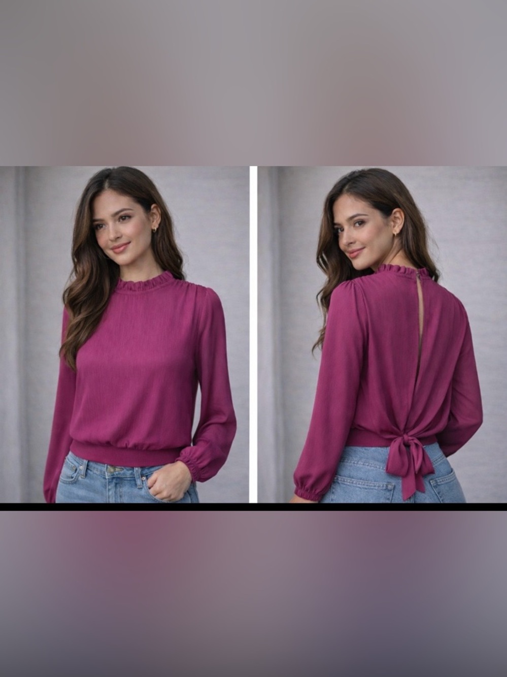 Magenta Ruffle Neck Blouse w/ Open Back Tie Detail Long Sleeve Chic Top
Size M